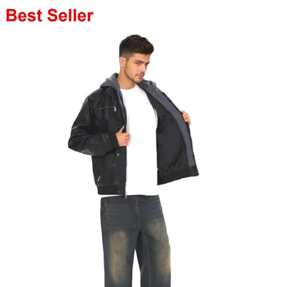 Men's Faux Leather Jacket with Removable Hood, Motorcycle Style
